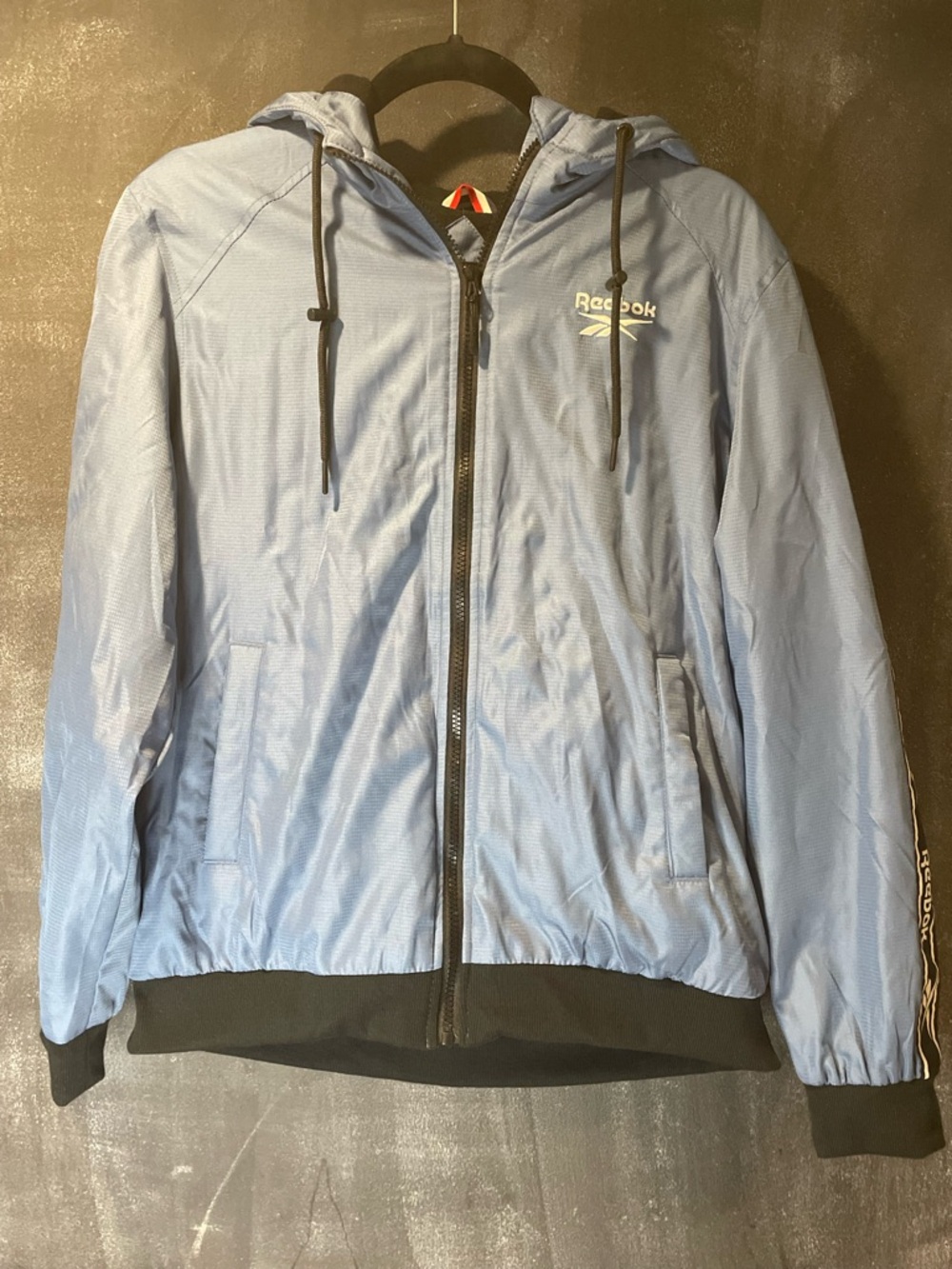 Retro Y2K Reebok Blue Windbreaker Jacket Hooded Zip Up Logo Tape Sleeve M Street
